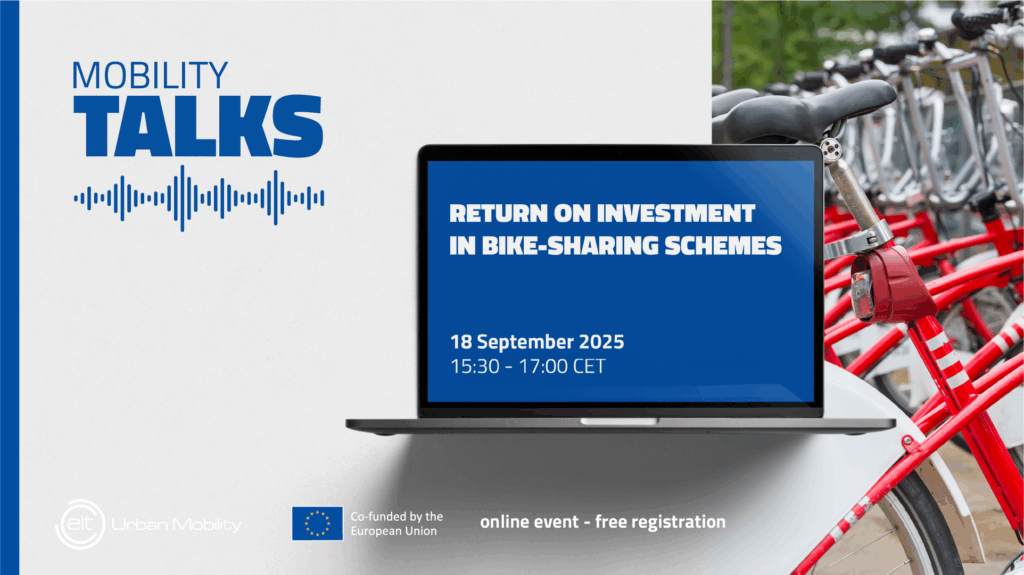 A computer with the title 'Mobility Talks 31: Return on investment in bike-sharing schemes'