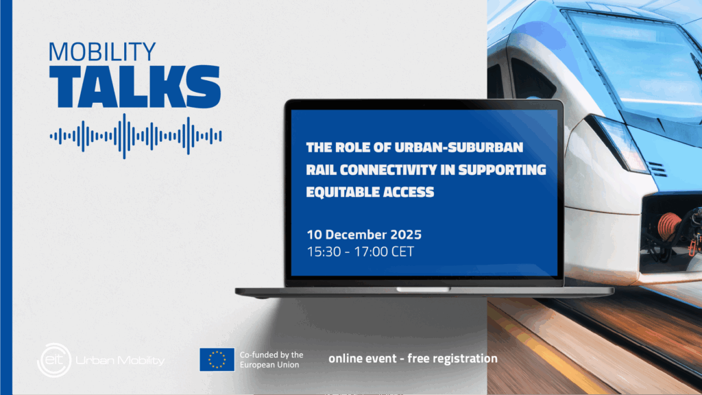 A computer displaying the title "The role of urban-suburban rail connectivity in supporting equitable acces. 10 December 2025. 15.30 - 17.00 CET".
